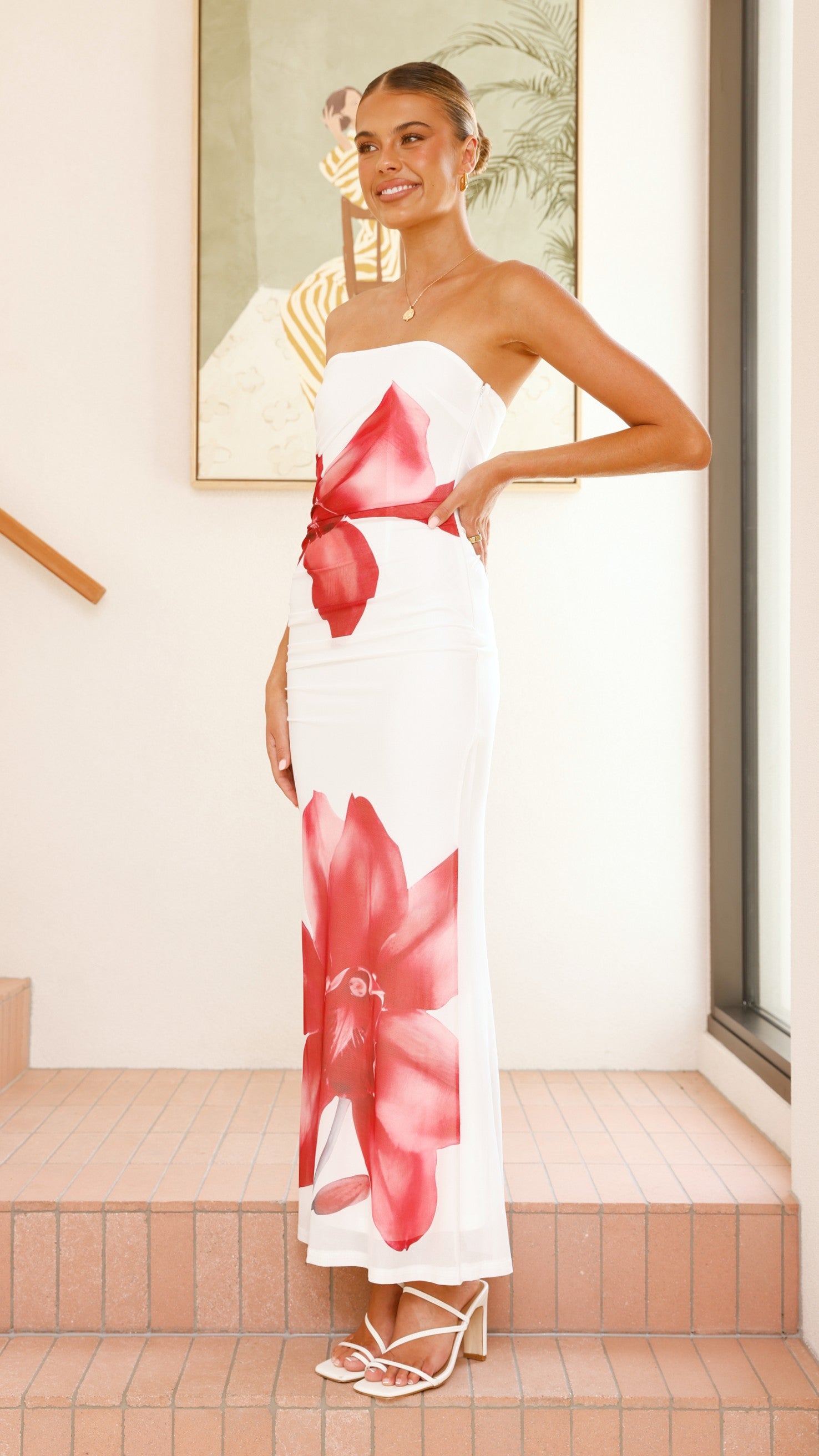 Brittani Strapless Maxi Dress - White/Red - Billy J