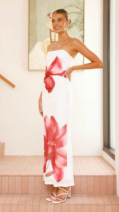 Load image into Gallery viewer, Brittani Strapless Maxi Dress - White/Red - Billy J
