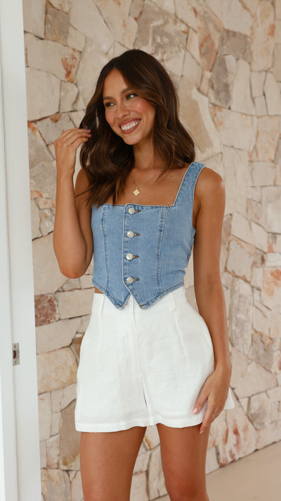 Load image into Gallery viewer, Lada Button Up Crop Top - Mid Blue Denim
