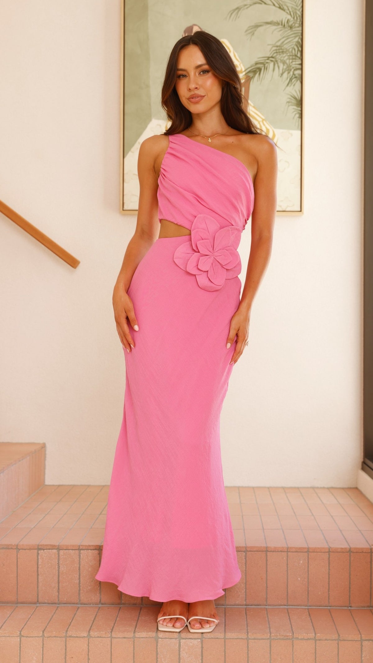 Bloom One Shoulder Cut Out Maxi Dress - Hot Pink - Billy J