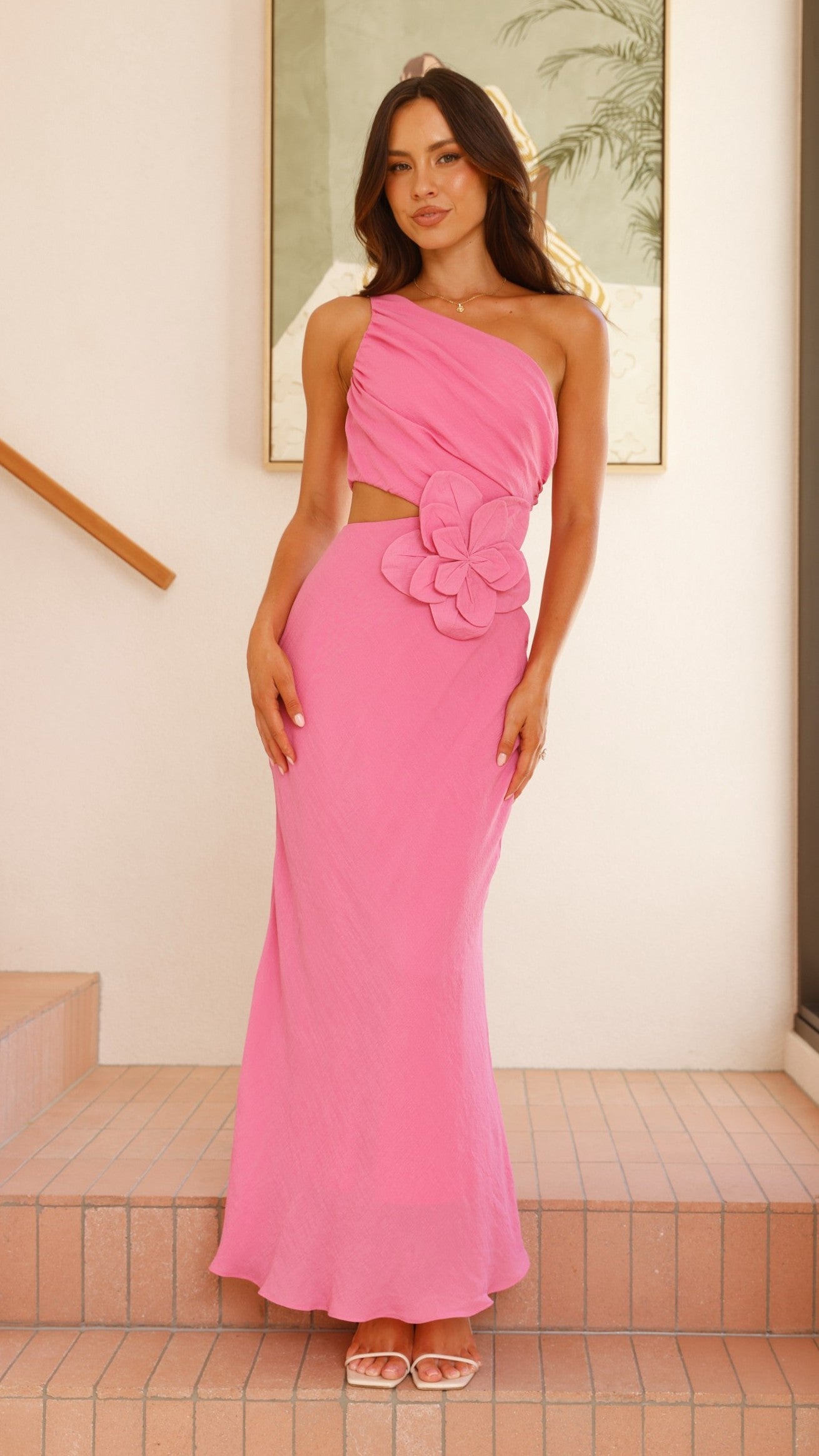 Bloom One Shoulder Cut Out Maxi Dress - Hot Pink - Billy J