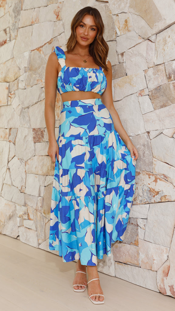 Edana Crop Top and Maxi Skirt Set - Blue Print