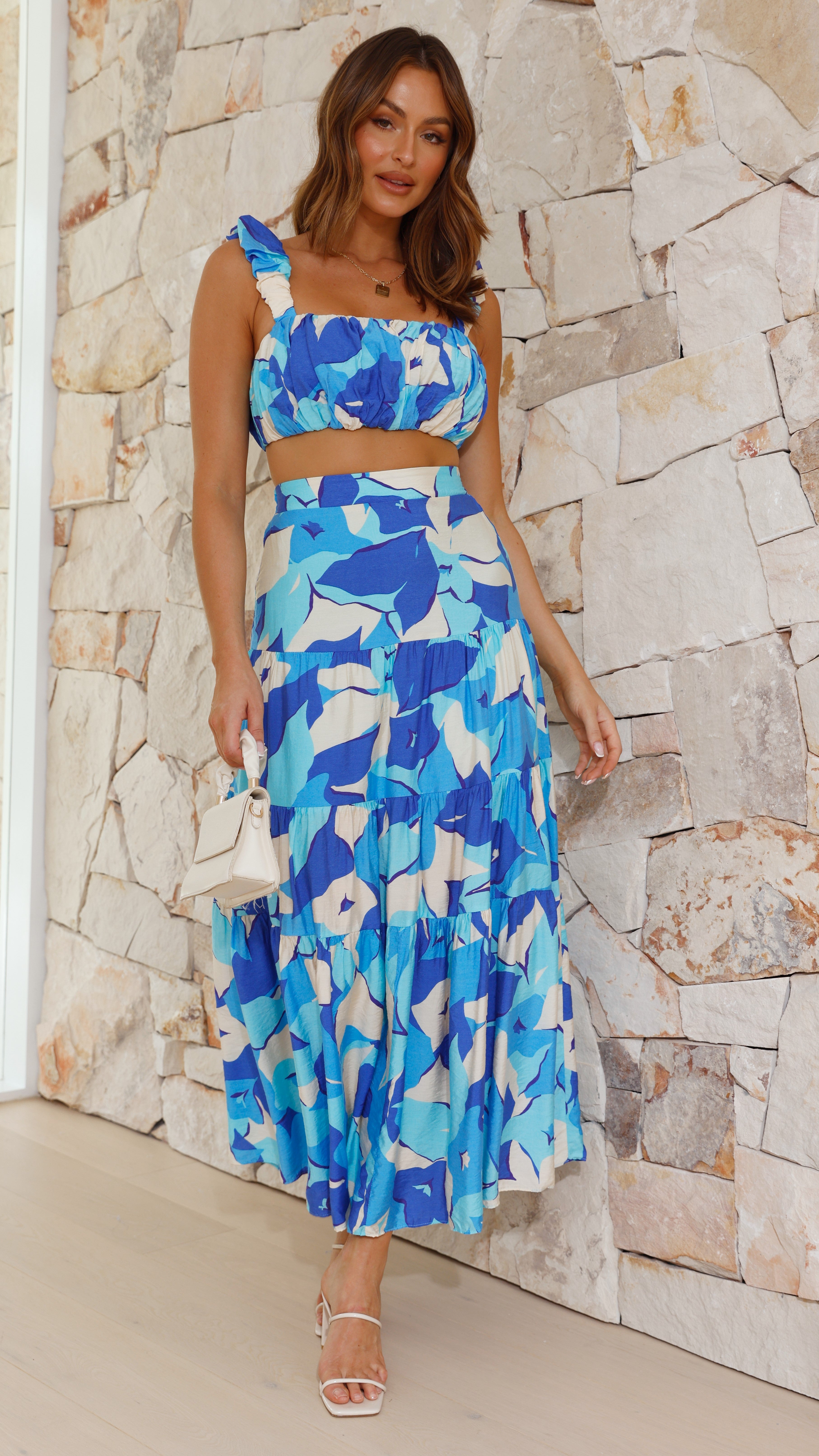 Edana Crop Top and Maxi Skirt Set - Blue Print