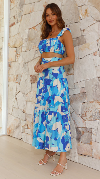 Load image into Gallery viewer, Edana Crop Top and Maxi Skirt Set - Blue Print
