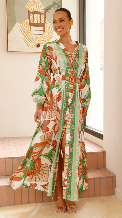 Load image into Gallery viewer, Vance Maxi Dress - Orange/Green Print - Billy J
