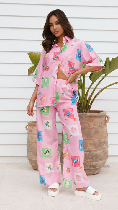 Load image into Gallery viewer, Kourt Button Up Shirt and Pants Set - Pink Stamps Set
