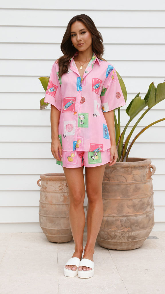Charli Button Up Shirt and Shorts Set - Pink Stamps Print