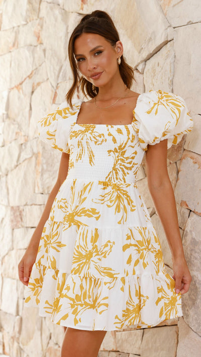Load image into Gallery viewer, Bronty Mini Dress - Yellow Floral - Billy J
