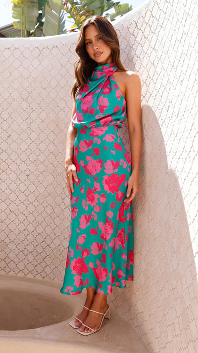 Load image into Gallery viewer, Esther Maxi Dress - Green / Pink Floral - Billy J
