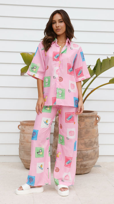 Load image into Gallery viewer, Kourt Button Up Shirt and Pants Set - Pink Stamps Set - Billy J
