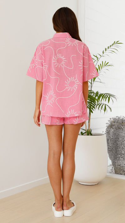 Load image into Gallery viewer, Charli Button Up Shirt and Shorts Set - Pink Swirl Sun
