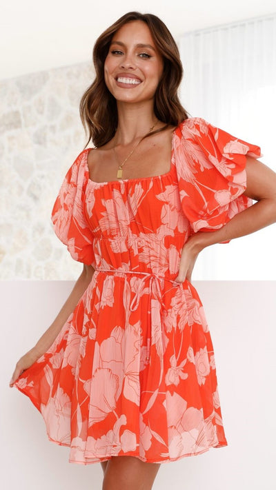 Load image into Gallery viewer, Taniah Mini Dress - Orange Floral - Billy J
