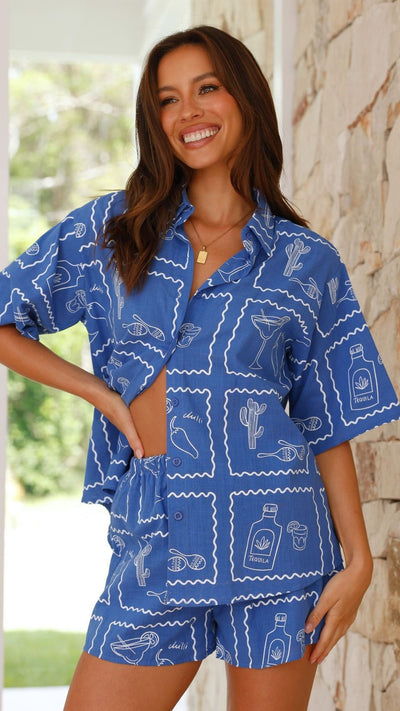 Load image into Gallery viewer, Charli Button Up Shirt and Shorts Set - Chilli Cactus - Blue
