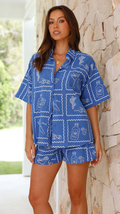 Load image into Gallery viewer, Charli Button Up Shirt and Shorts Set - Chilli Cactus - Blue

