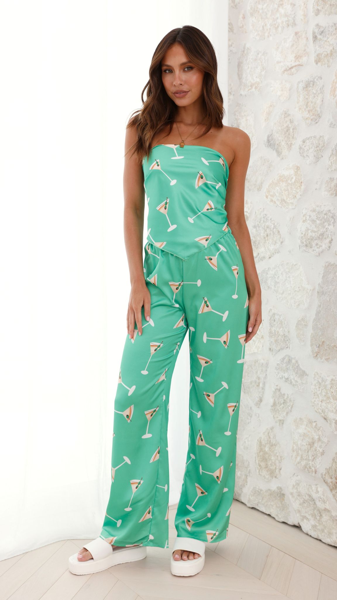 Harriette Scarf Top and Pants Set - Green Martini