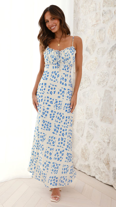 Load image into Gallery viewer, Farna Midi Dress - Cream/Blue Floral
