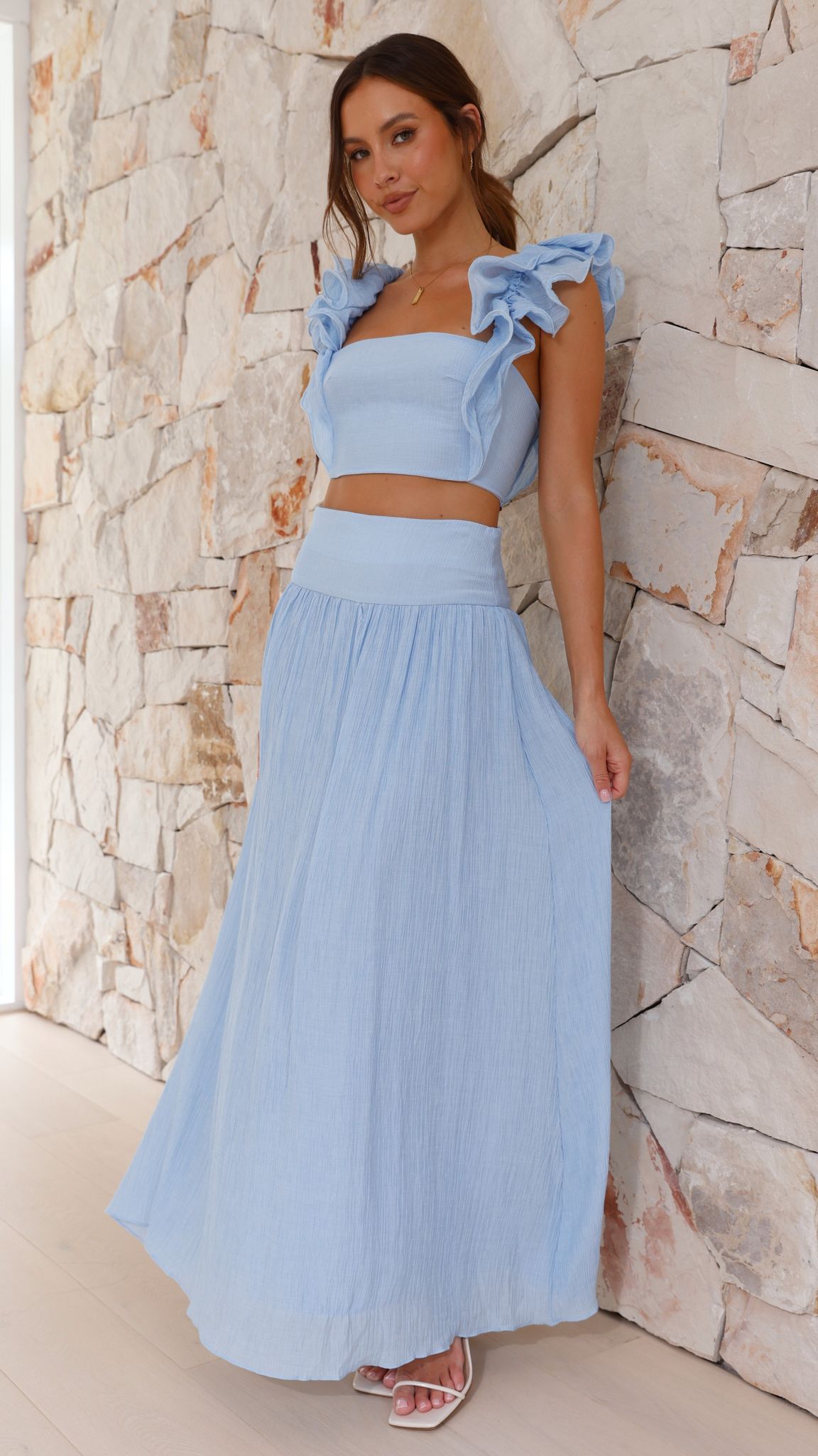 Cachet Top and Midi Skirt Sets - Light Blue