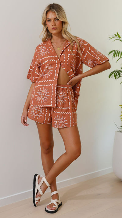 Load image into Gallery viewer, Charli Button Up Shirt and Shorts Set - Rust Sun - Billy J
