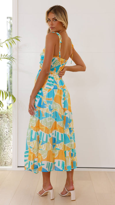 Load image into Gallery viewer, Yaritza Maxi Dress - Blue / Orange Print
