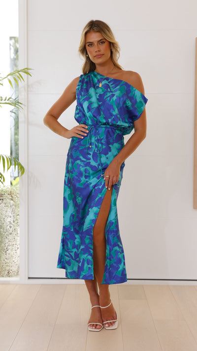 Load image into Gallery viewer, Zabby Maxi Dress - Green / Blue Print - Billy J
