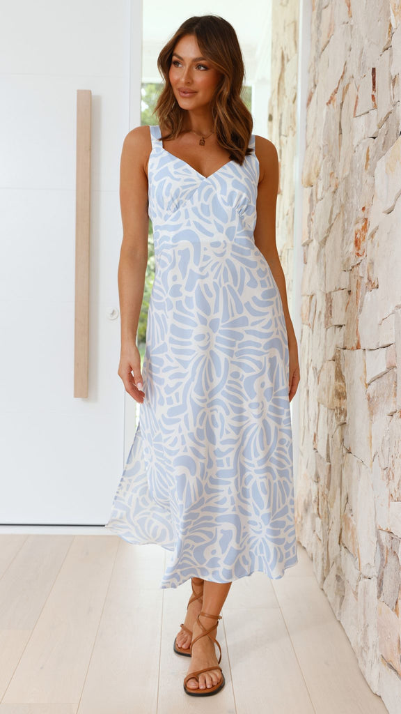 Capri V-Neck Maxi Dress - Light Blue Print