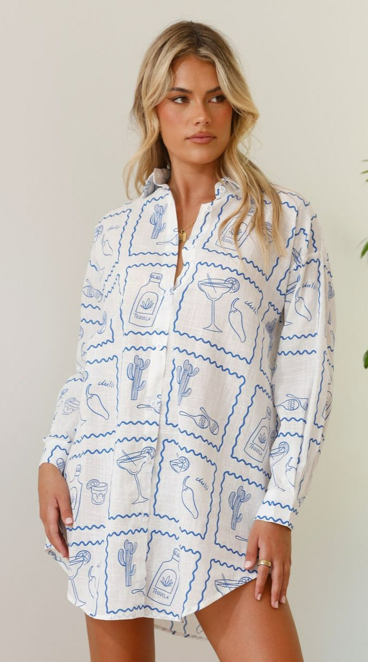 Piper Shirt Dress - Chilli Cactus - White/Blue