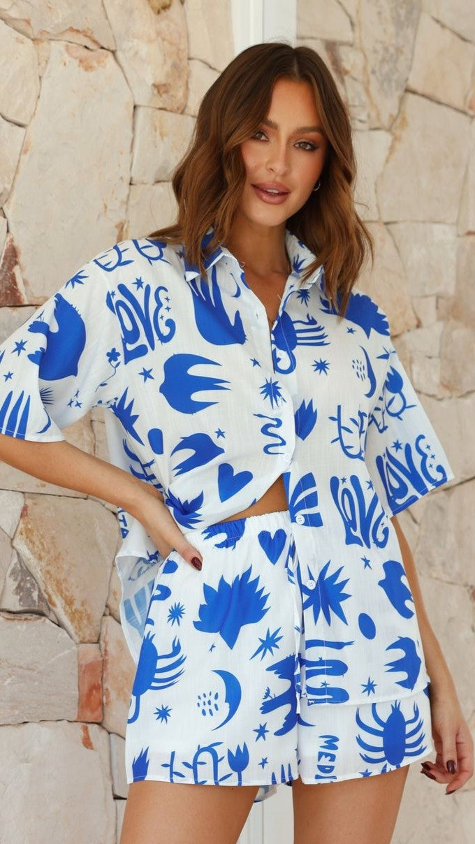 Charli Button Up Shirt and Shorts Set - White / Blue Love Print