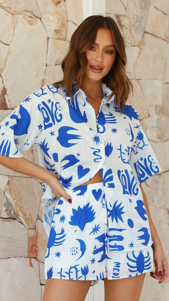 Charli Button Up Shirt and Shorts Set - White / Blue Love Print