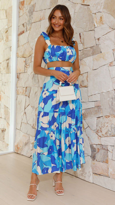 Load image into Gallery viewer, Edana Crop Top and Maxi Skirt Set - Blue Print
