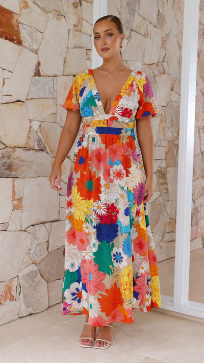 Load image into Gallery viewer, Baker Maxi Dress - Orange/Blue/Pink Floral - Billy J
