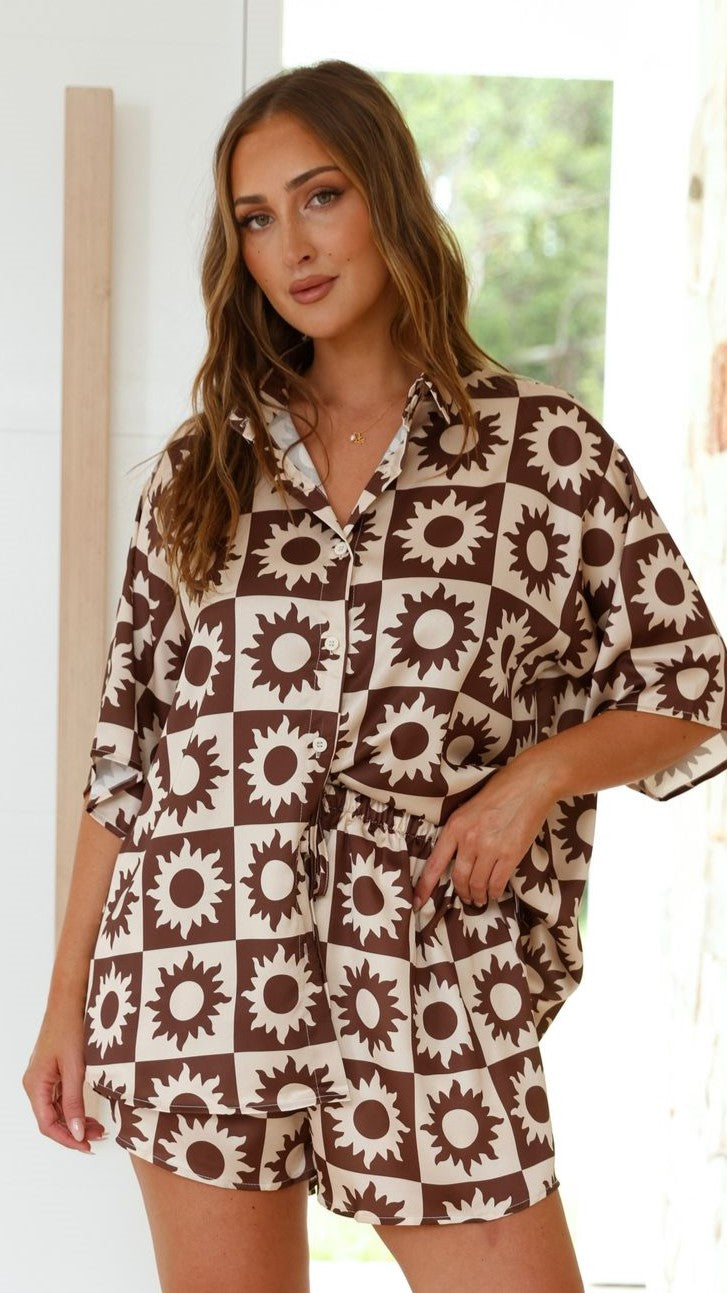 Charice Button Up Shirt and Shorts Set - Brown/Beige
