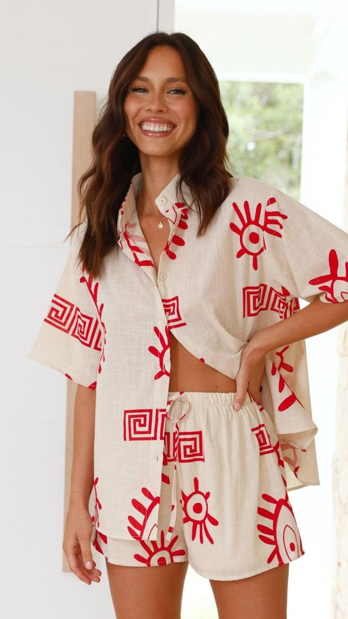 Charli Button Up Shirt and Shorts Set - Beige / Red Aztec Eye