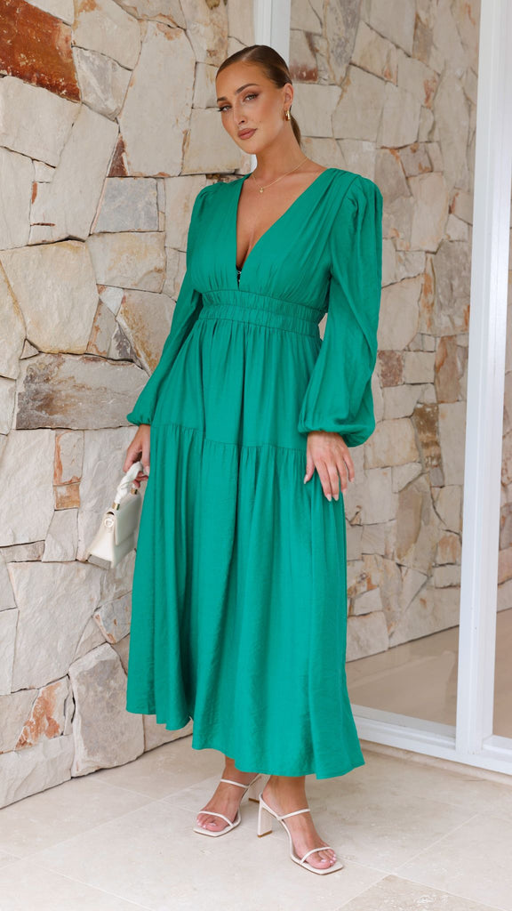 Erin Long Sleeve Midi Dress - Emerald - Billy J