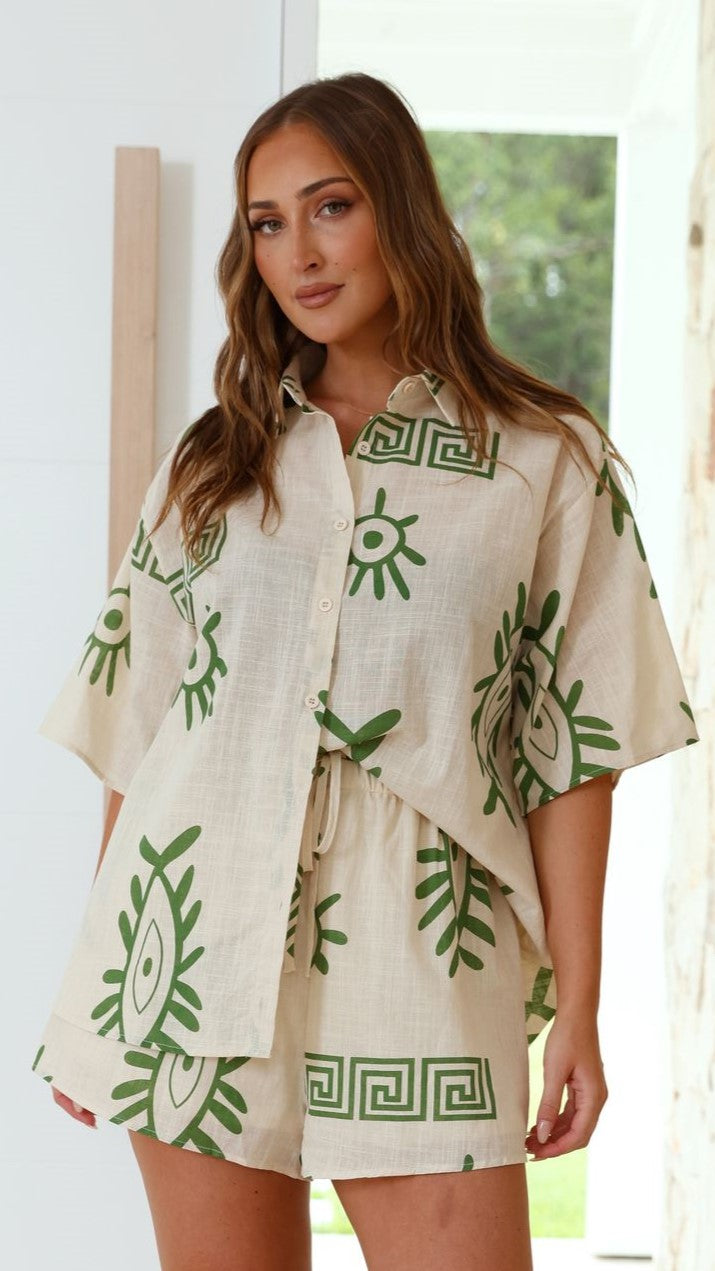 Charli Button Up Shirt and Shorts Set - Beige/Green Aztec