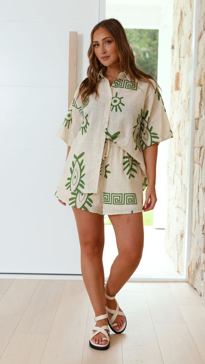 Load image into Gallery viewer, Charli Button Up Shirt and Shorts Set - Beige/Green Aztec
