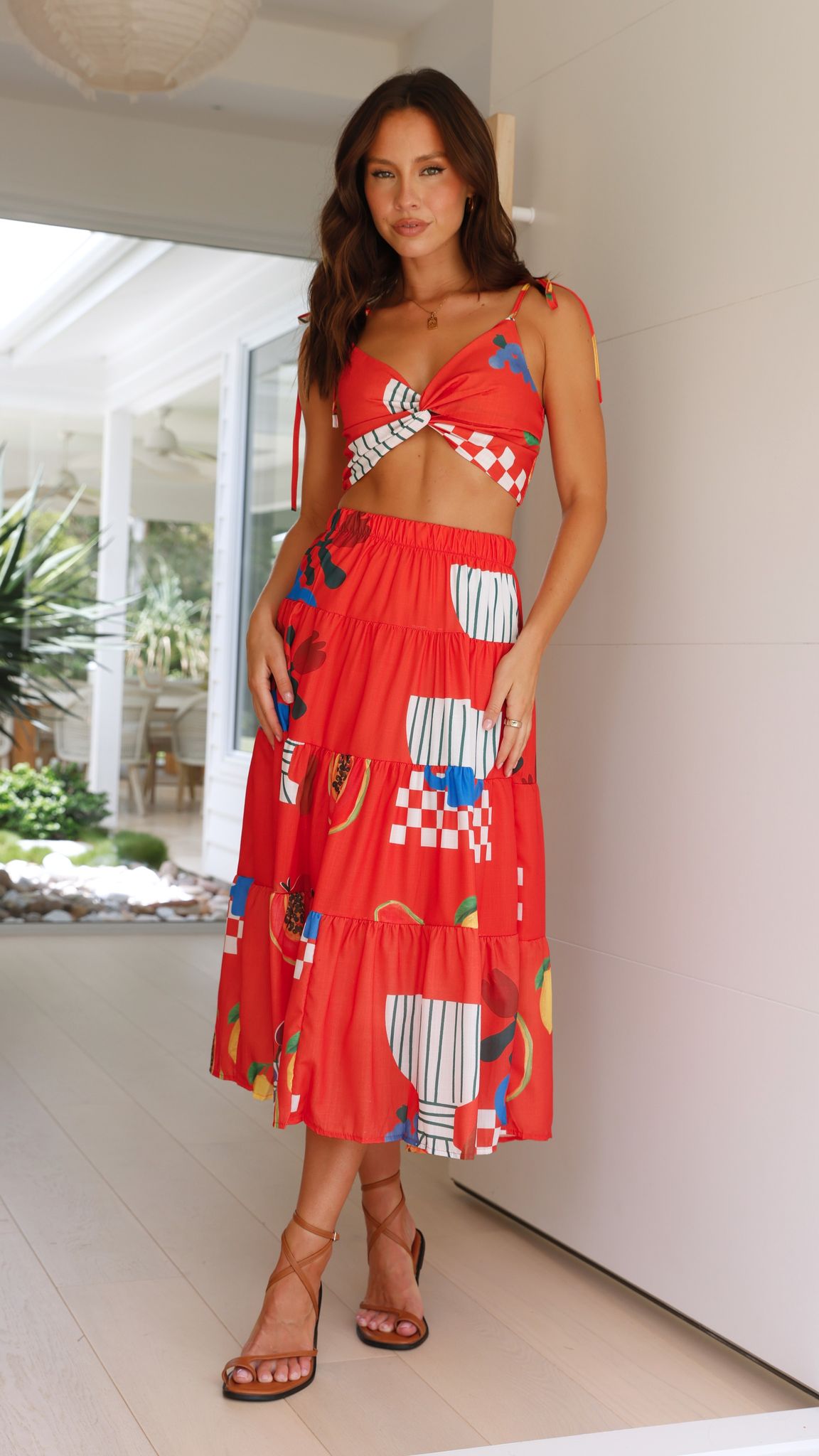 Ava Top and Maxi Skirt Set - Red Papaya Print