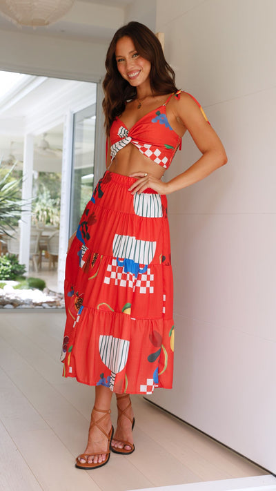 Load image into Gallery viewer, Ava Top and Maxi Skirt Set - Red Papaya Print
