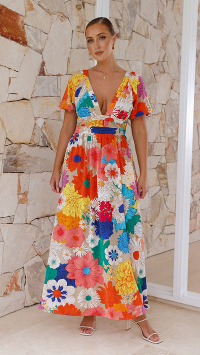Load image into Gallery viewer, Baker Maxi Dress - Orange/Blue/Pink Floral
