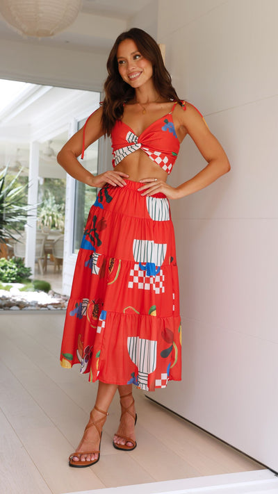 Load image into Gallery viewer, Ava Top and Maxi Skirt Set - Red Papaya Print
