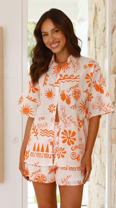 Load image into Gallery viewer, Charli Button Up Shirt and Shorts Set - White / Orange Lobster Print
