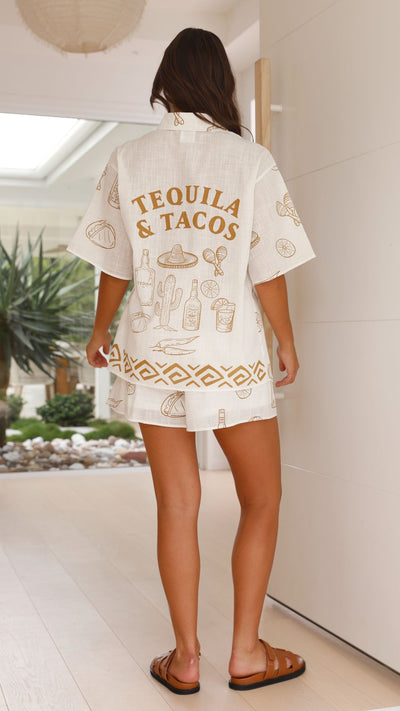 Load image into Gallery viewer, Bobbi Button Up Shirt and Shorts - White/Tan Tequila &amp; Tacos Print
