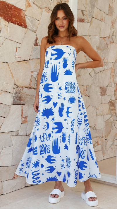 Load image into Gallery viewer, Connie Maxi Dress - White / Blue Love Print

