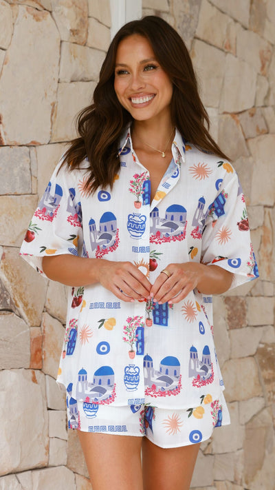 Load image into Gallery viewer, Charli Button Up Shirt and Shorts Set - White Santorini
