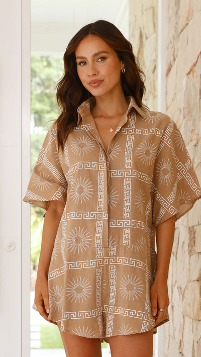 Load image into Gallery viewer, Aralyn Playsuit - Brown/White Print
