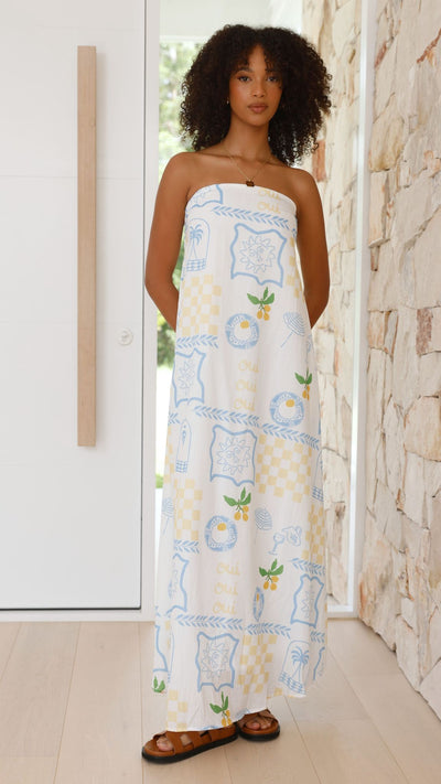 Load image into Gallery viewer, Connie Maxi Dress - Blue / Yellow Holiday Print
