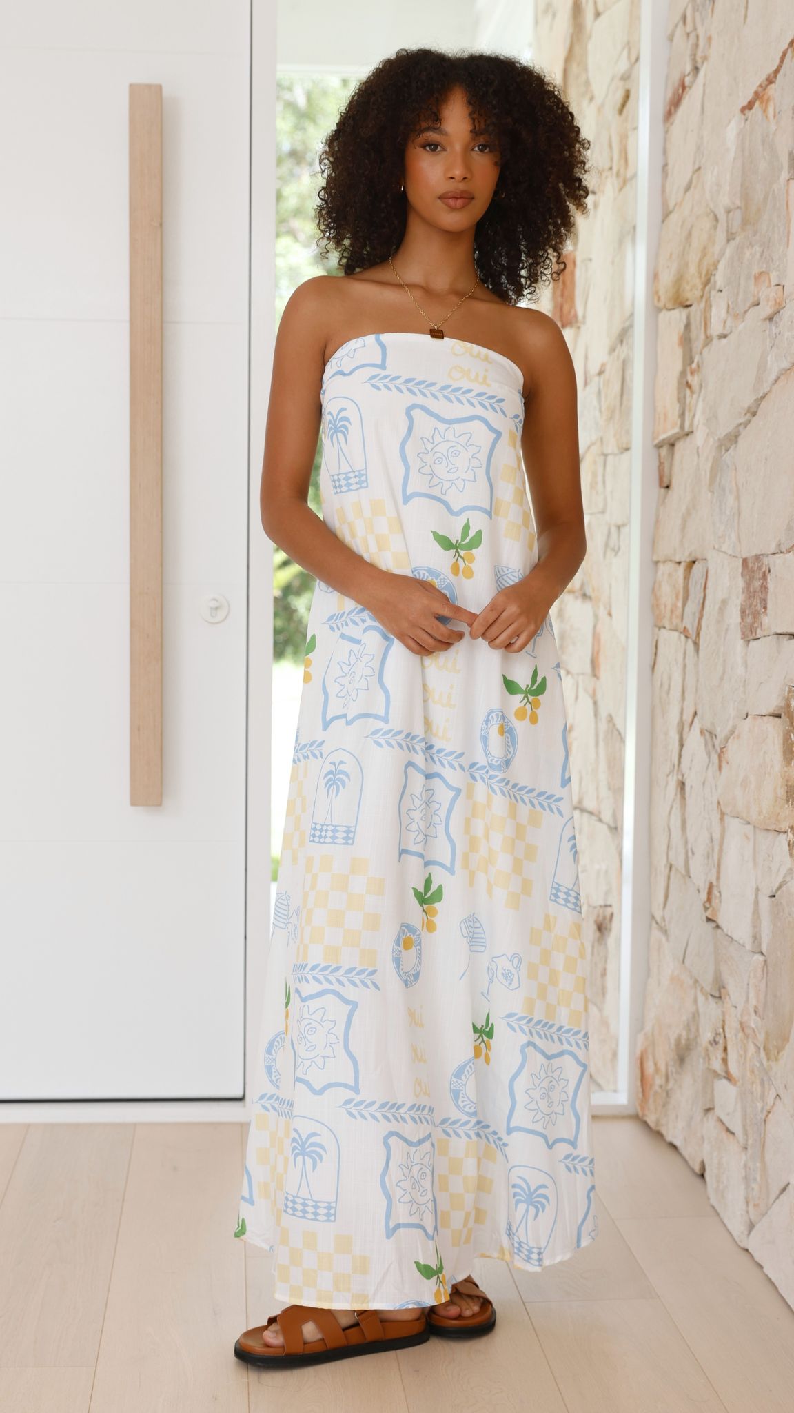 Connie Maxi Dress - Blue / Yellow Holiday Print