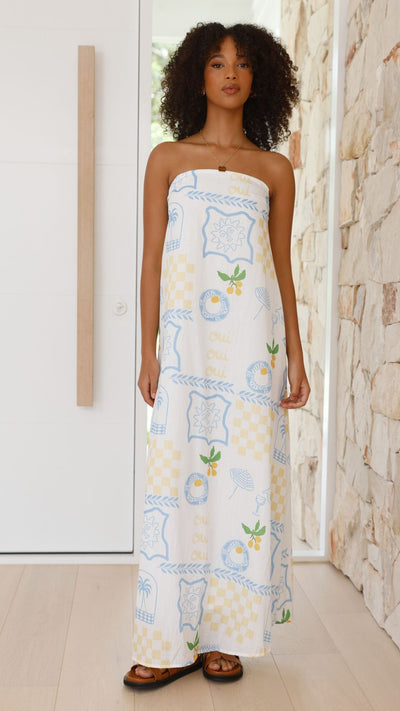 Load image into Gallery viewer, Connie Maxi Dress - Blue / Yellow Holiday Print
