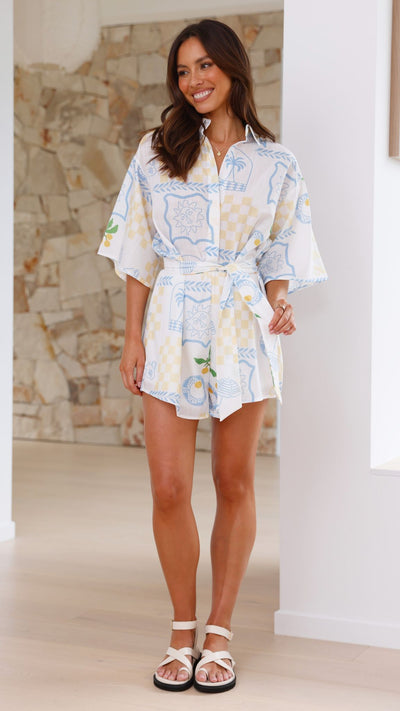 Load image into Gallery viewer, Margie Playsuit - Blue / Yellow Holiday Print
