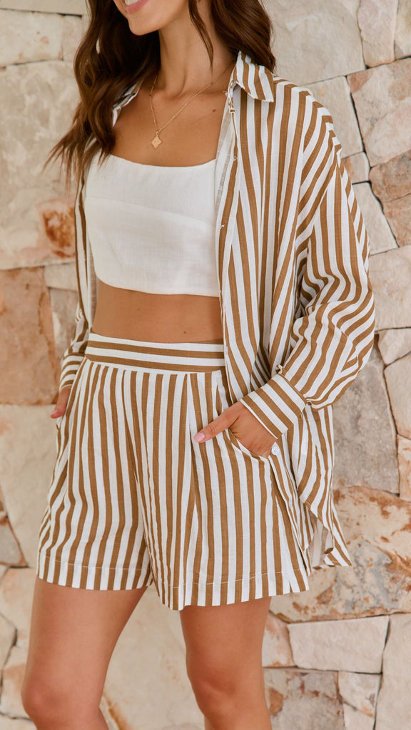 Laolani Button Up Shirt - Mocha / White Stripe