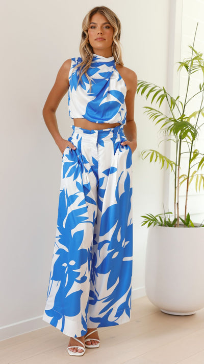 Load image into Gallery viewer, Stella Pants and Top Set - Blue/White Floral - Billy J
